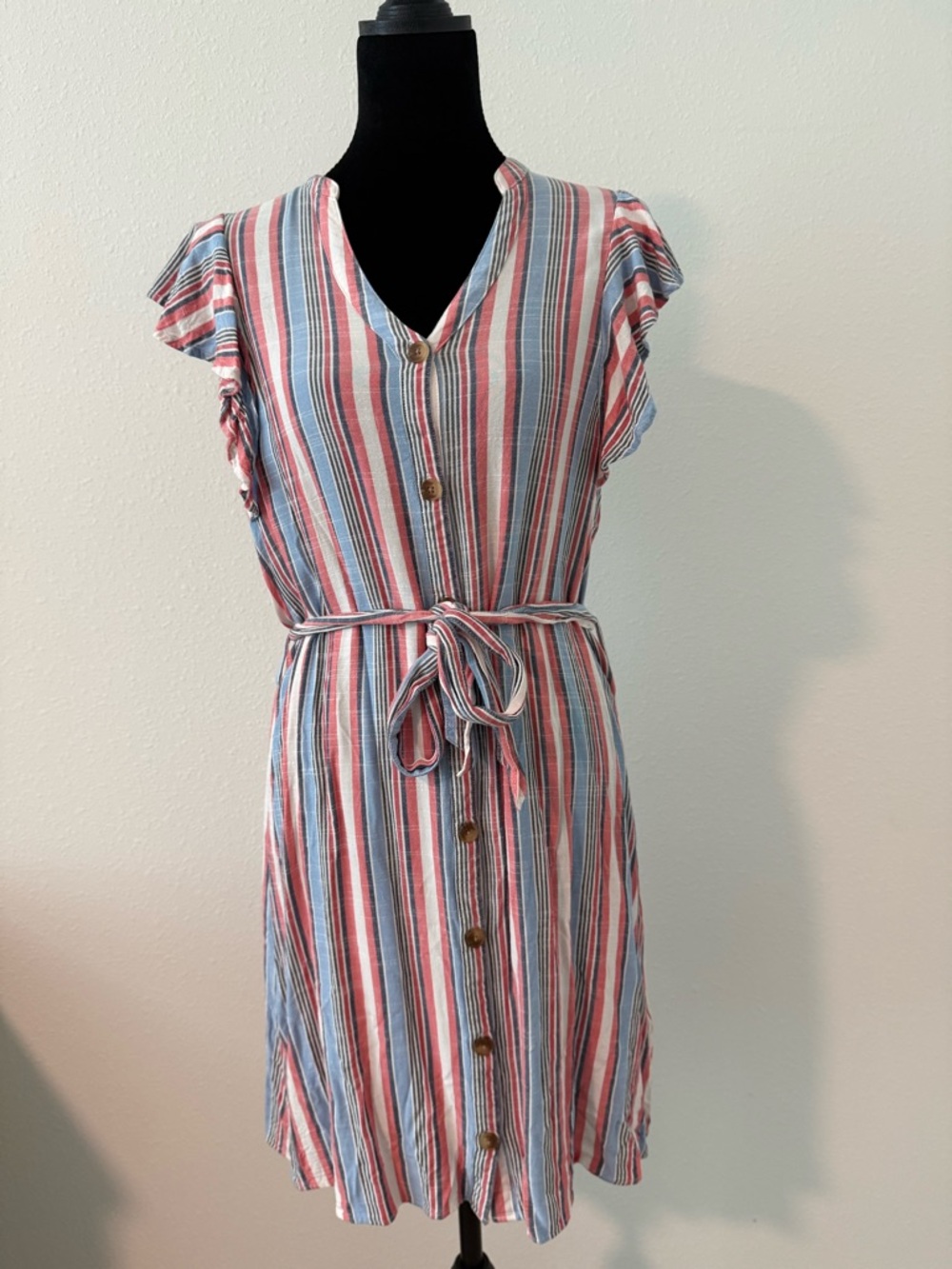 Elle Striped Button-Front Mini Dress in Red, Blue & White